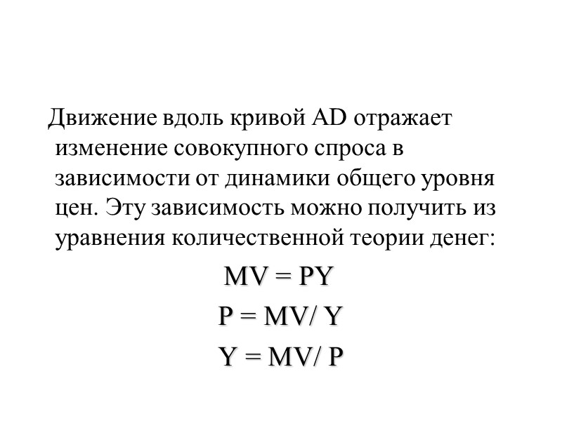 Движение вдоль кривой AD отражает изменение совокупного спроса в зависимости от динамики общего уровня